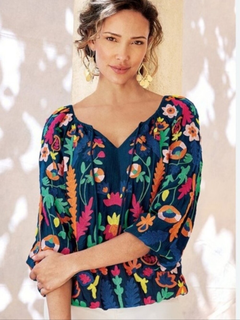 Soft Surroundings Blue Embroidered Floral Banjara Top XL